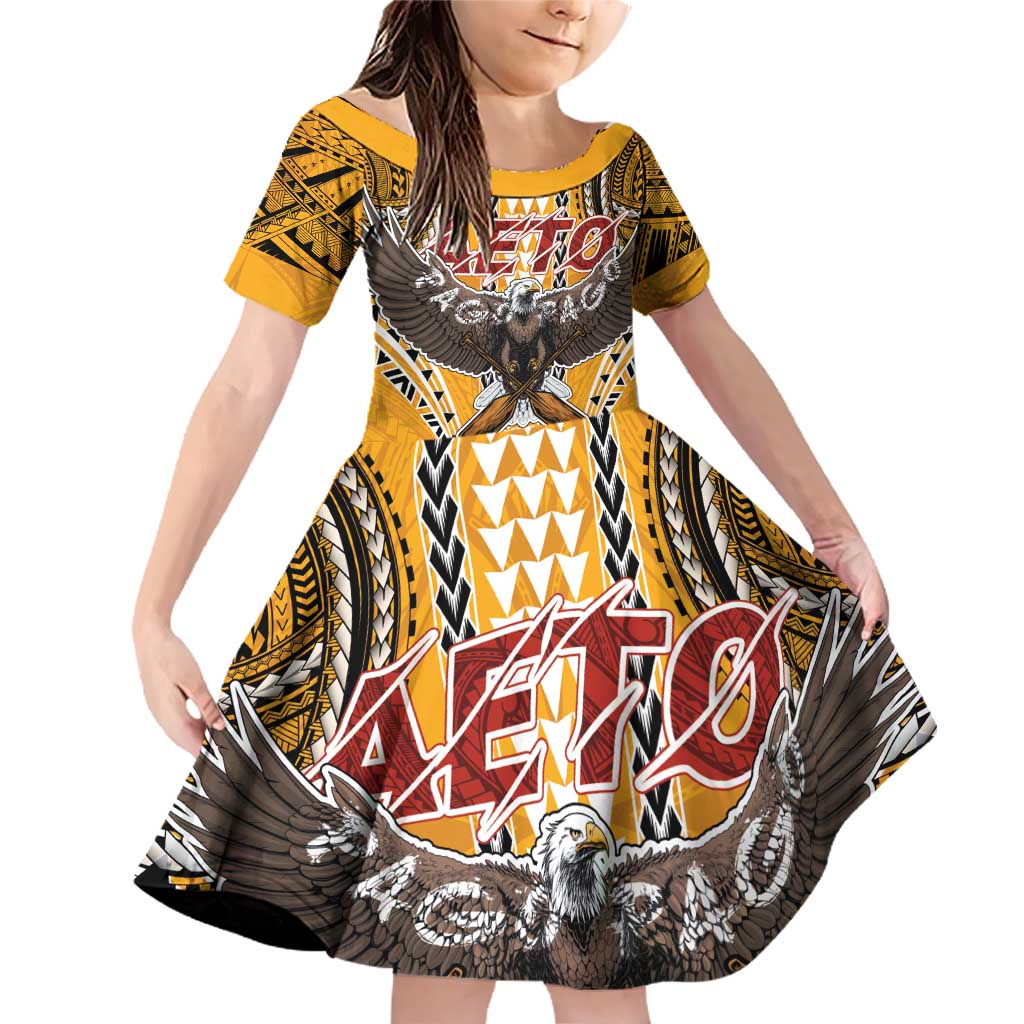 American Samoa Pago Pago Aeto Family Matching Off Shoulder Short Dress and Hawaiian Shirt Bald Eagle with Polynesian Art Tattoos LT03 Daughter's Dress Yellow - Polynesian Pride