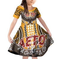 American Samoa Pago Pago Aeto Family Matching Off Shoulder Short Dress and Hawaiian Shirt Bald Eagle with Polynesian Art Tattoos LT03 Daughter's Dress Yellow - Polynesian Pride