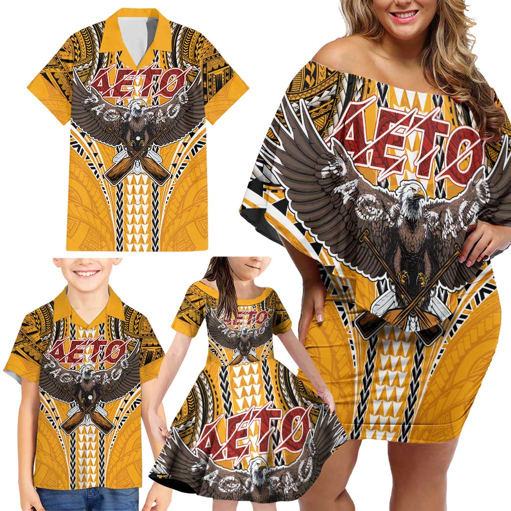 American Samoa Pago Pago Aeto Family Matching Off Shoulder Short Dress and Hawaiian Shirt Bald Eagle with Polynesian Art Tattoos LT03 - Polynesian Pride