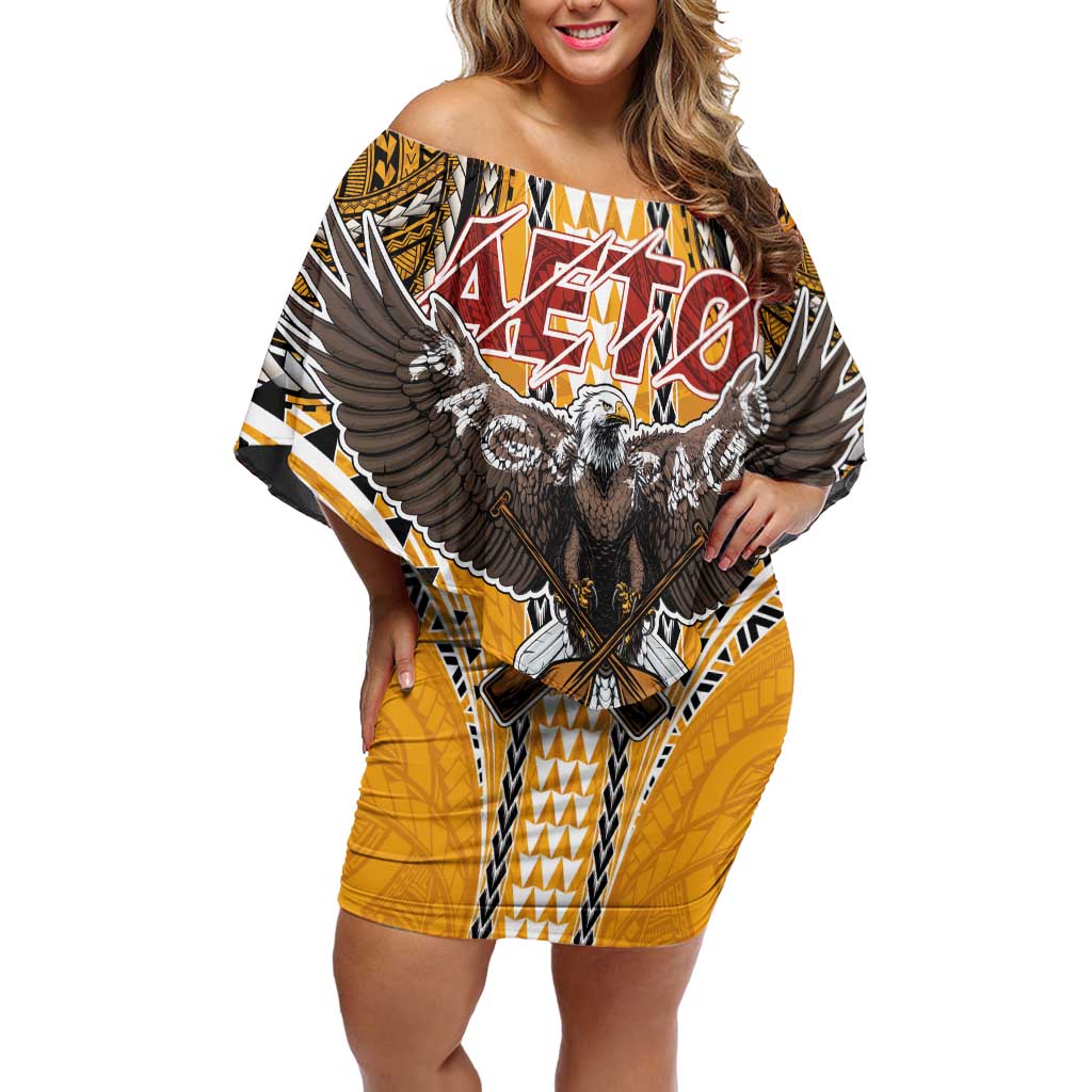 American Samoa Pago Pago Aeto Family Matching Off Shoulder Short Dress and Hawaiian Shirt Bald Eagle with Polynesian Art Tattoos LT03 Mom's Dress Yellow - Polynesian Pride
