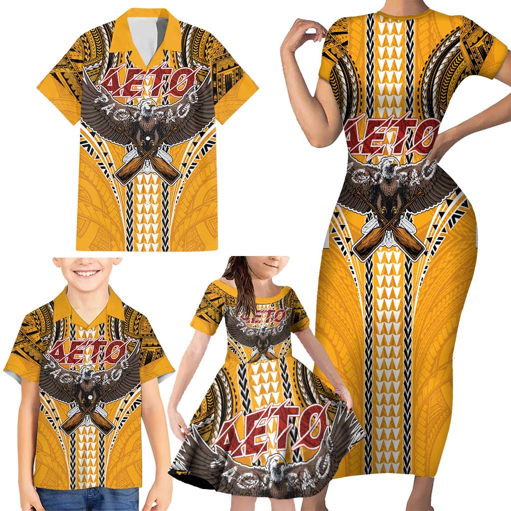 American Samoa Pago Pago Aeto Family Matching Short Sleeve Bodycon Dress and Hawaiian Shirt Bald Eagle with Polynesian Art Tattoos LT03 - Polynesian Pride
