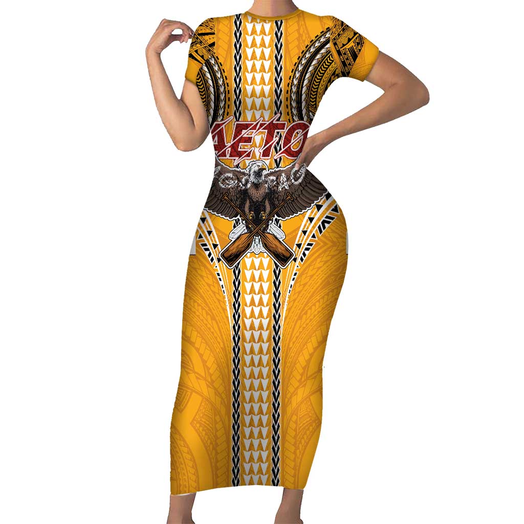 American Samoa Pago Pago Aeto Family Matching Short Sleeve Bodycon Dress and Hawaiian Shirt Bald Eagle with Polynesian Art Tattoos LT03 Mom's Dress Yellow - Polynesian Pride