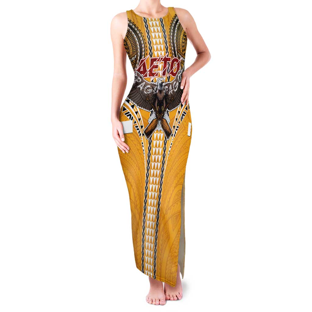 American Samoa Pago Pago Aeto Family Matching Tank Maxi Dress and Hawaiian Shirt Bald Eagle with Polynesian Art Tattoos LT03 Mom's Dress Yellow - Polynesian Pride