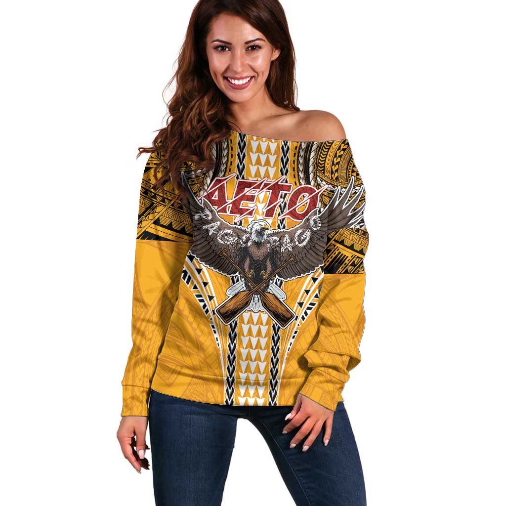 Samoa Pago Pago Aeto Off Shoulder Sweater Bald Eagle with Polynesian Art Tattoos - Polynesian Pride