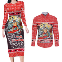 New Zealand Christmas Couples Matching Long Sleeve Bodycon Dress and Long Sleeve Button Shirts Santa Catch The Wave Maori Pattern Retro Style LT03 Red - Polynesian Pride