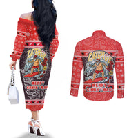 New Zealand Christmas Couples Matching Off The Shoulder Long Sleeve Dress and Long Sleeve Button Shirts Santa Catch The Wave Maori Pattern Retro Style LT03 - Polynesian Pride
