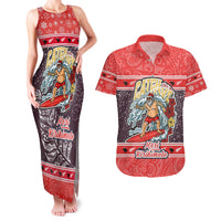 New Zealand Christmas Couples Matching Tank Maxi Dress and Hawaiian Shirt Santa Catch The Wave Maori Pattern Retro Style LT03 Red - Polynesian Pride