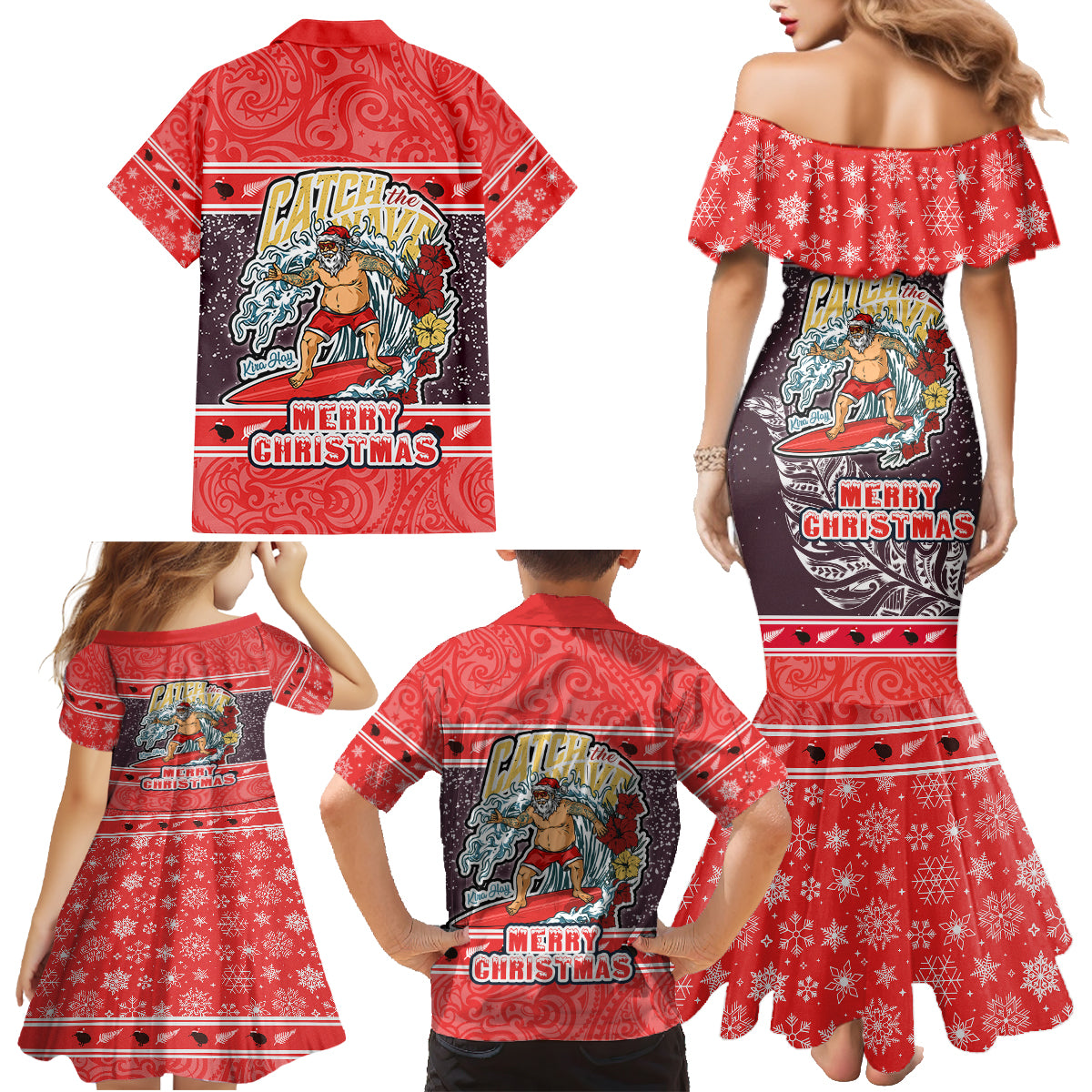 New Zealand Christmas Family Matching Mermaid Dress and Hawaiian Shirt Santa Catch The Wave Maori Pattern Retro Style LT03 - Polynesian Pride
