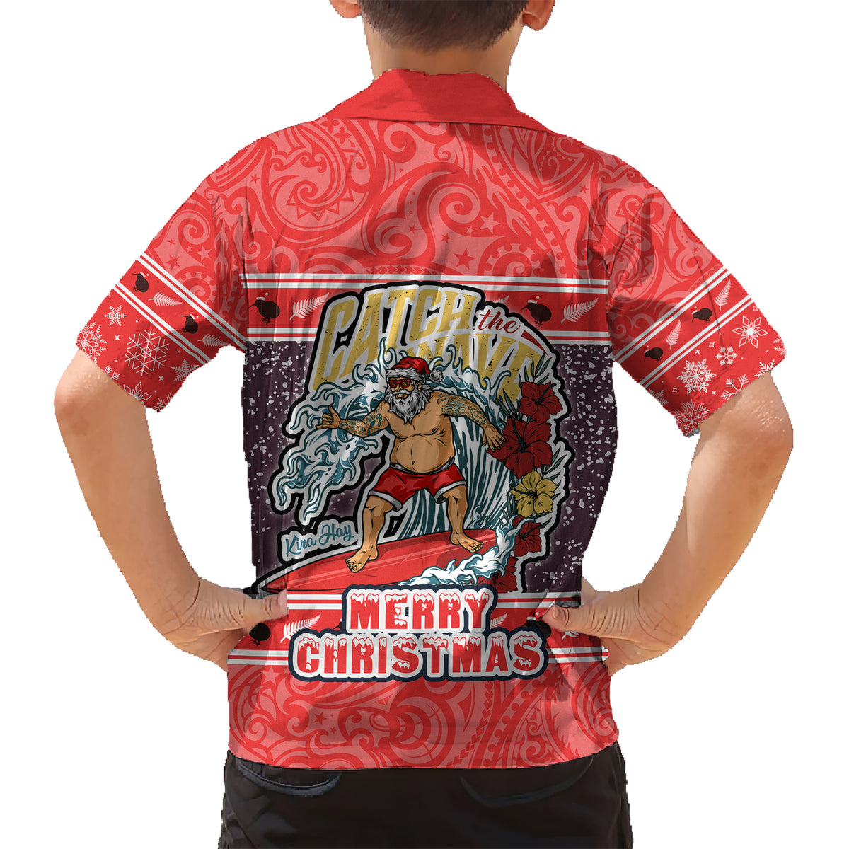 New Zealand Christmas Kid Hawaiian Shirt Santa Catch The Wave Maori Pattern Retro Style LT03 - Polynesian Pride