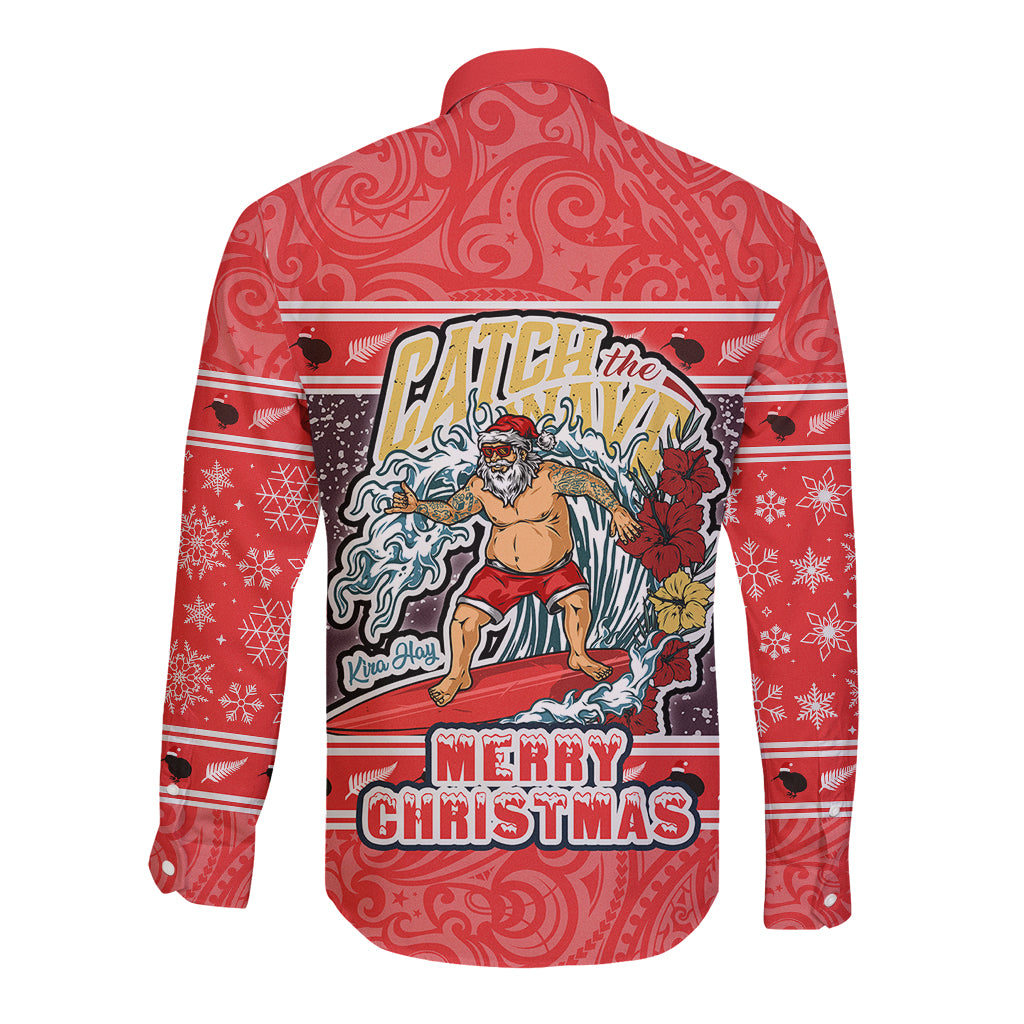 New Zealand Christmas Long Sleeve Button Shirt Santa Catch The Wave Maori Pattern Retro Style LT03 - Polynesian Pride