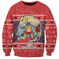 New Zealand Christmas Sweatshirt Santa Catch The Wave Maori Pattern Retro Style LT03 Unisex Red - Polynesian Pride
