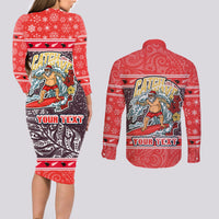 Custom New Zealand Christmas Couples Matching Long Sleeve Bodycon Dress and Long Sleeve Button Shirts Santa Catch The Wave Maori Pattern Retro Style LT03 - Polynesian Pride