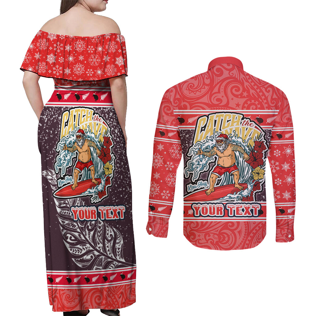 Custom New Zealand Christmas Couples Matching Off Shoulder Maxi Dress and Long Sleeve Button Shirts Santa Catch The Wave Maori Pattern Retro Style LT03 - Polynesian Pride