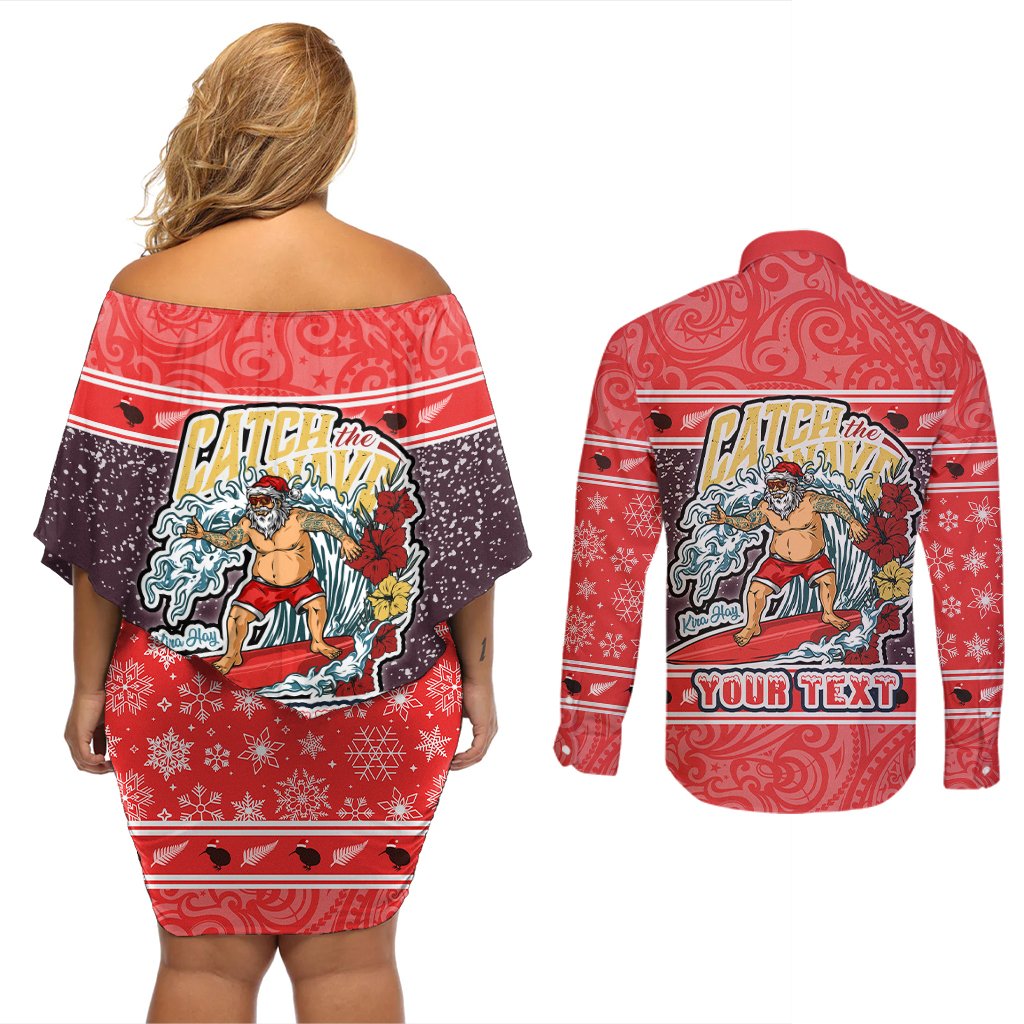 Custom New Zealand Christmas Couples Matching Off Shoulder Short Dress and Long Sleeve Button Shirts Santa Catch The Wave Maori Pattern Retro Style LT03 - Polynesian Pride