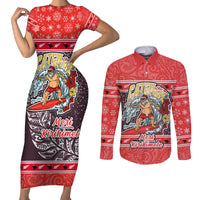 Custom New Zealand Christmas Couples Matching Short Sleeve Bodycon Dress and Long Sleeve Button Shirts Santa Catch The Wave Maori Pattern Retro Style LT03 Red - Polynesian Pride