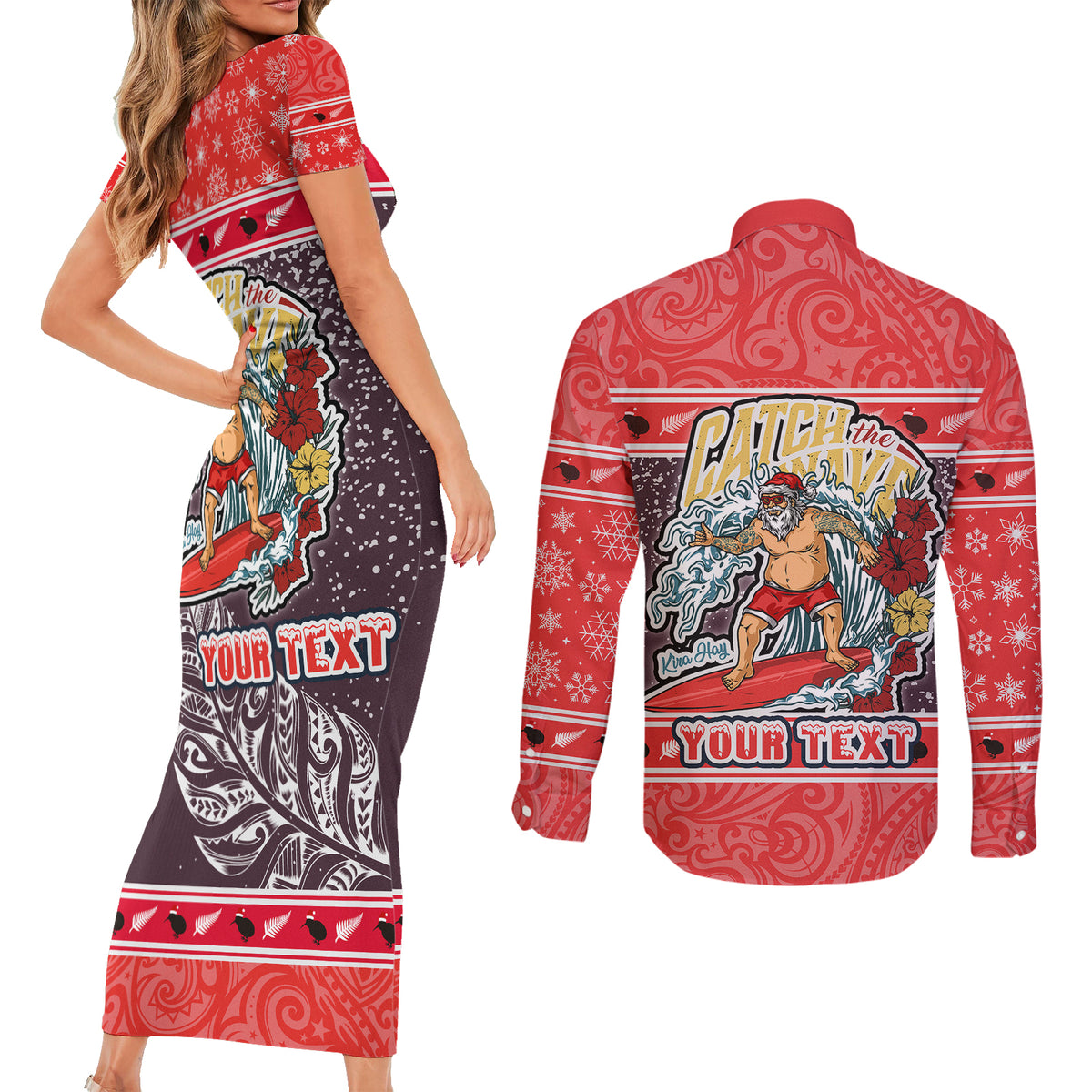 Custom New Zealand Christmas Couples Matching Short Sleeve Bodycon Dress and Long Sleeve Button Shirts Santa Catch The Wave Maori Pattern Retro Style LT03 - Polynesian Pride
