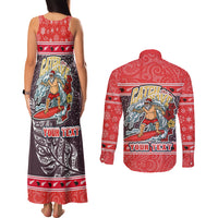 Custom New Zealand Christmas Couples Matching Tank Maxi Dress and Long Sleeve Button Shirts Santa Catch The Wave Maori Pattern Retro Style LT03 - Polynesian Pride