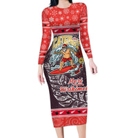 Custom New Zealand Christmas Family Matching Long Sleeve Bodycon Dress and Hawaiian Shirt Santa Catch The Wave Maori Pattern Retro Style LT03 Mom's Dress Red - Polynesian Pride