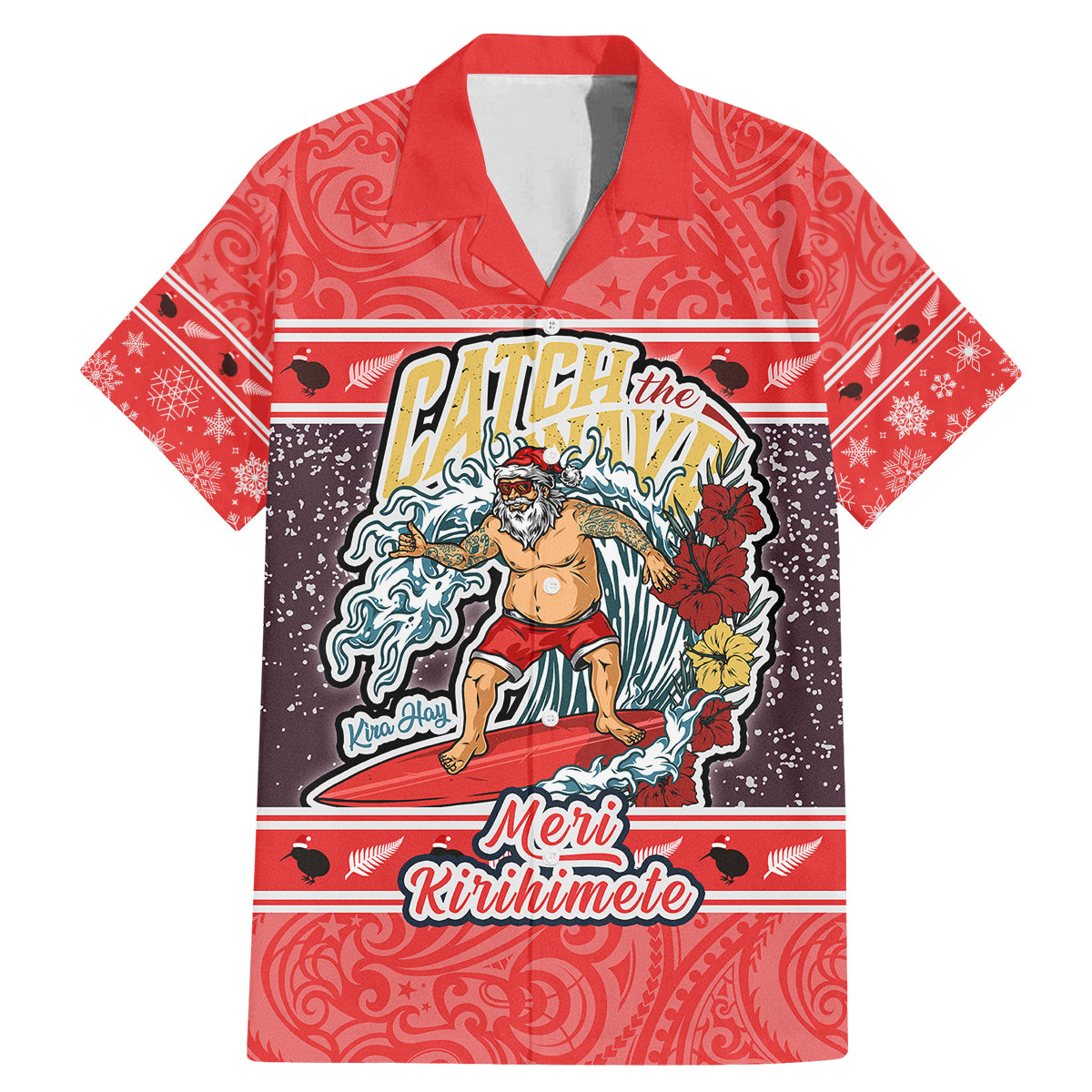 Custom New Zealand Christmas Family Matching Mermaid Dress and Hawaiian Shirt Santa Catch The Wave Maori Pattern Retro Style LT03 Dad's Shirt - Short Sleeve Red - Polynesian Pride