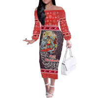 Custom New Zealand Christmas Family Matching Off Shoulder Long Sleeve Dress and Hawaiian Shirt Santa Catch The Wave Maori Pattern Retro Style LT03 Mom's Dress Red - Polynesian Pride