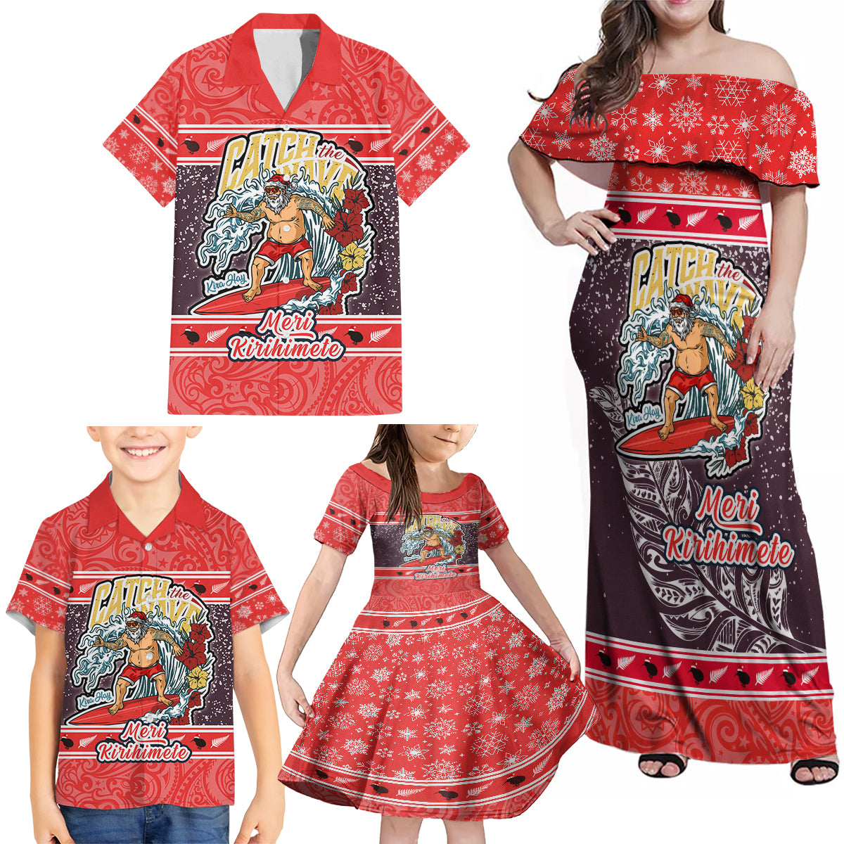 Custom New Zealand Christmas Family Matching Off Shoulder Maxi Dress and Hawaiian Shirt Santa Catch The Wave Maori Pattern Retro Style LT03 - Polynesian Pride