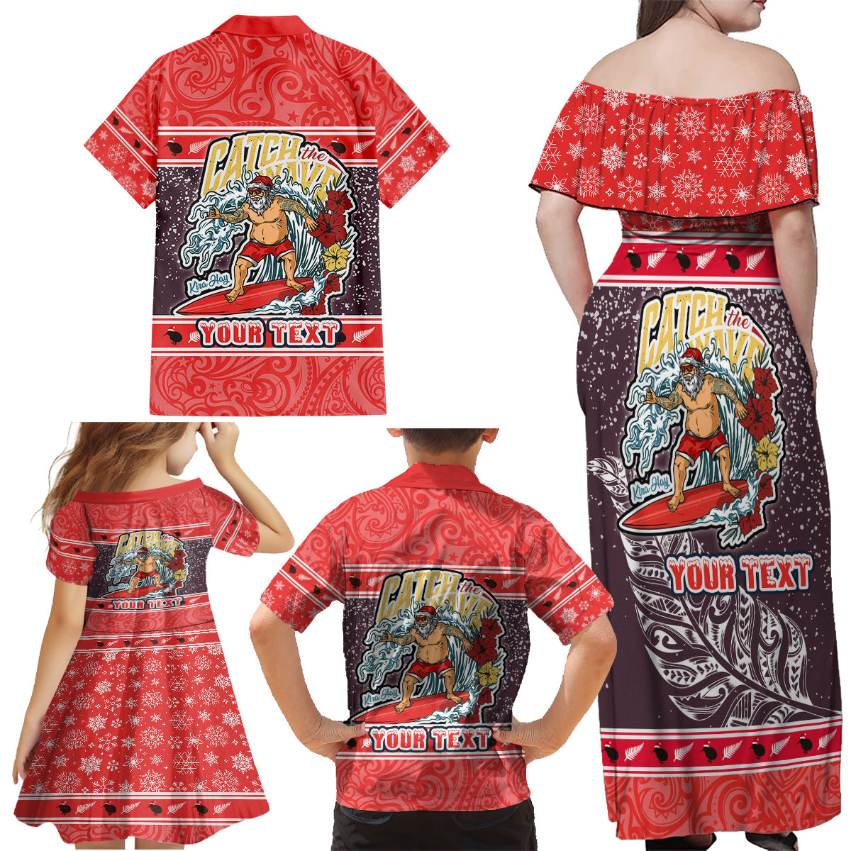 Custom New Zealand Christmas Family Matching Off Shoulder Maxi Dress and Hawaiian Shirt Santa Catch The Wave Maori Pattern Retro Style LT03 - Polynesian Pride