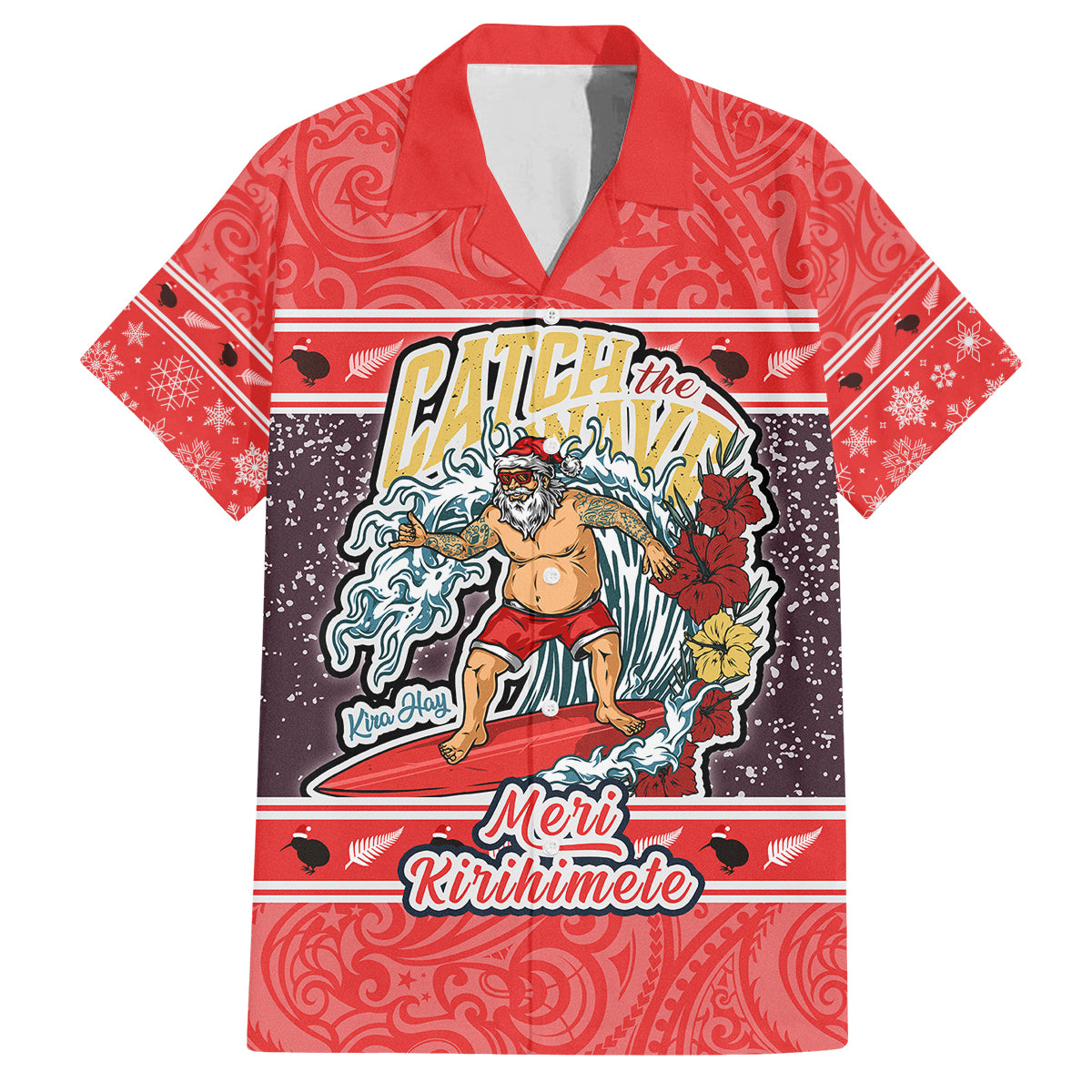 Custom New Zealand Christmas Family Matching Off Shoulder Maxi Dress and Hawaiian Shirt Santa Catch The Wave Maori Pattern Retro Style LT03 Dad's Shirt - Short Sleeve Red - Polynesian Pride