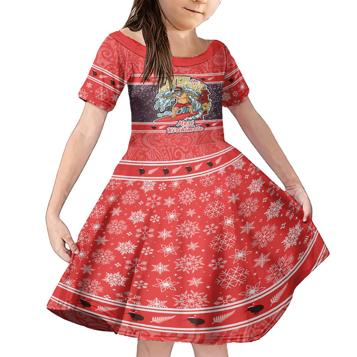 Custom New Zealand Christmas Family Matching Summer Maxi Dress and Hawaiian Shirt Santa Catch The Wave Maori Pattern Retro Style LT03 Daughter's Dress Red - Polynesian Pride