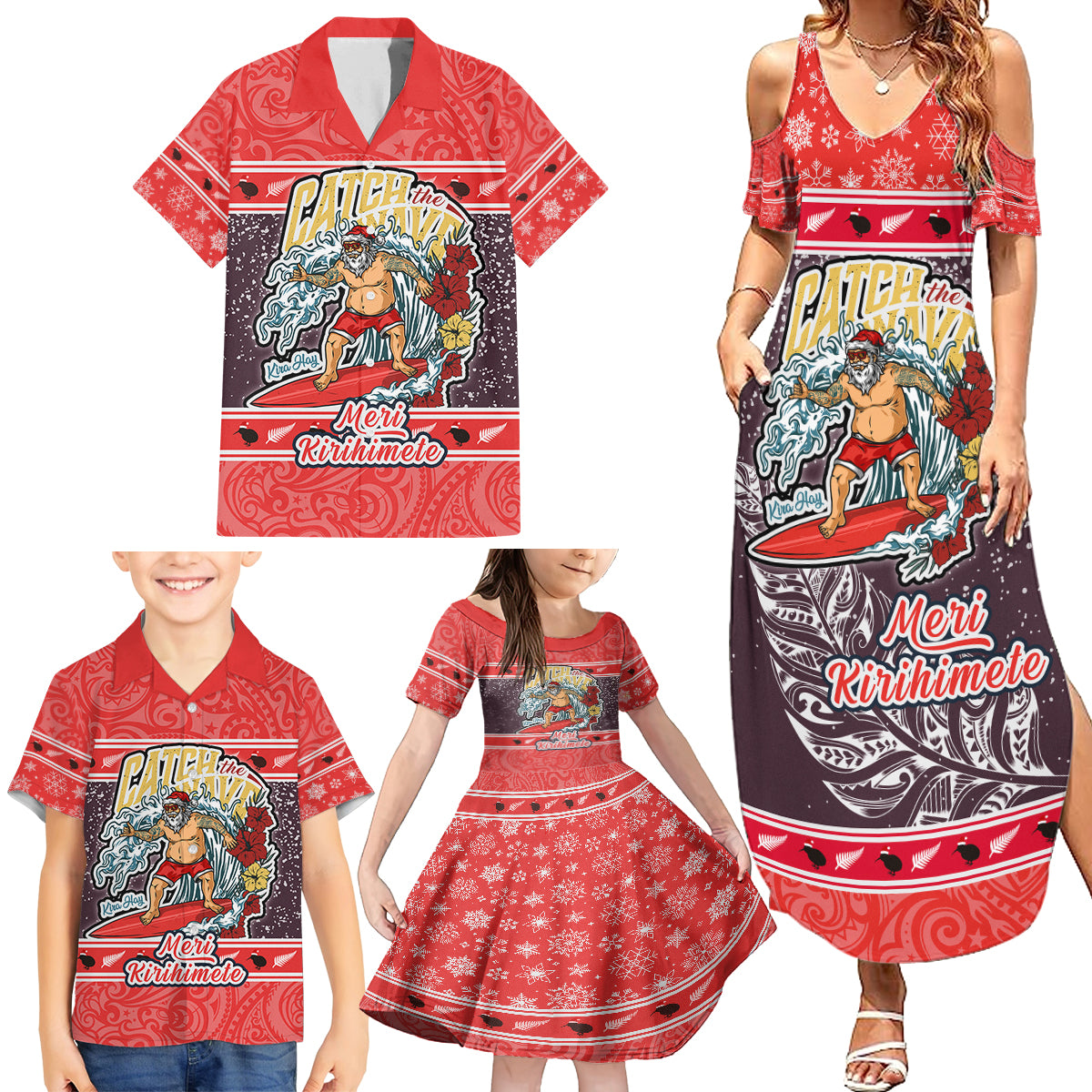 Custom New Zealand Christmas Family Matching Summer Maxi Dress and Hawaiian Shirt Santa Catch The Wave Maori Pattern Retro Style LT03 - Polynesian Pride