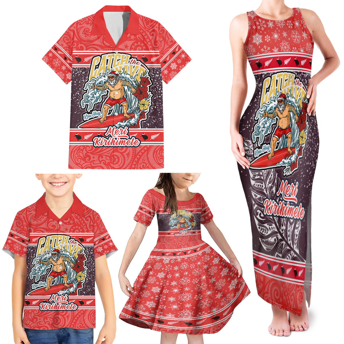 Custom New Zealand Christmas Family Matching Tank Maxi Dress and Hawaiian Shirt Santa Catch The Wave Maori Pattern Retro Style LT03 - Polynesian Pride