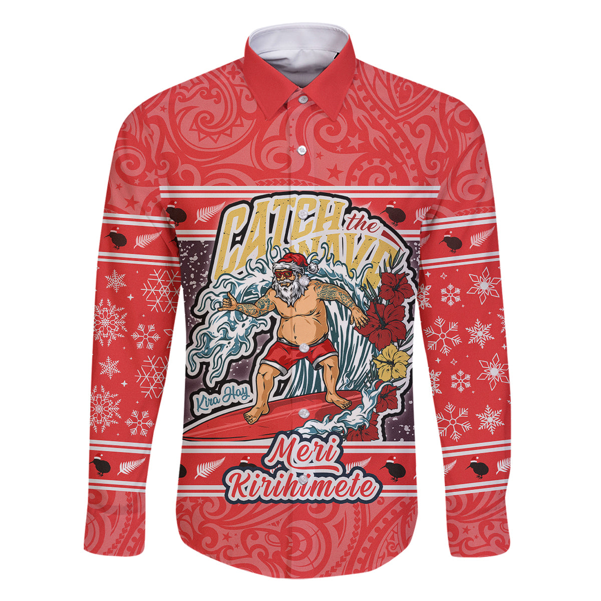 Custom New Zealand Christmas Family Matching Tank Maxi Dress and Hawaiian Shirt Santa Catch The Wave Maori Pattern Retro Style LT03 Dad's Shirt - Long Sleeve Red - Polynesian Pride