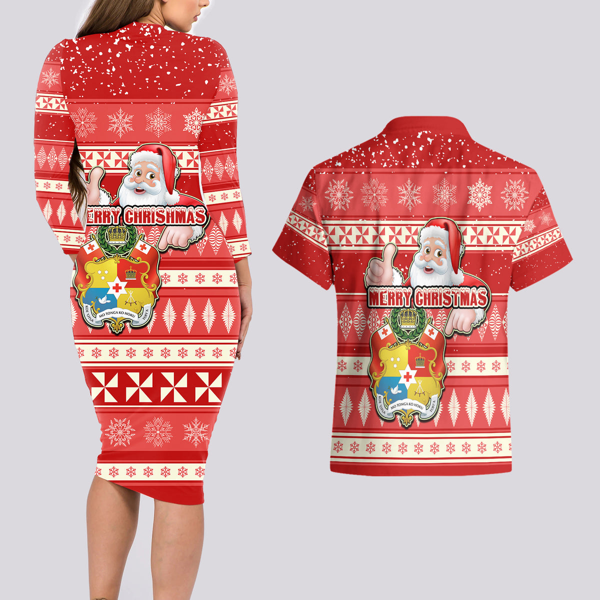 Tonga Christmas Couples Matching Long Sleeve Bodycon Dress and Hawaiian Shirt The Santa Coat of Arms with Ngatu and Snow Pattern LT03 - Polynesian Pride