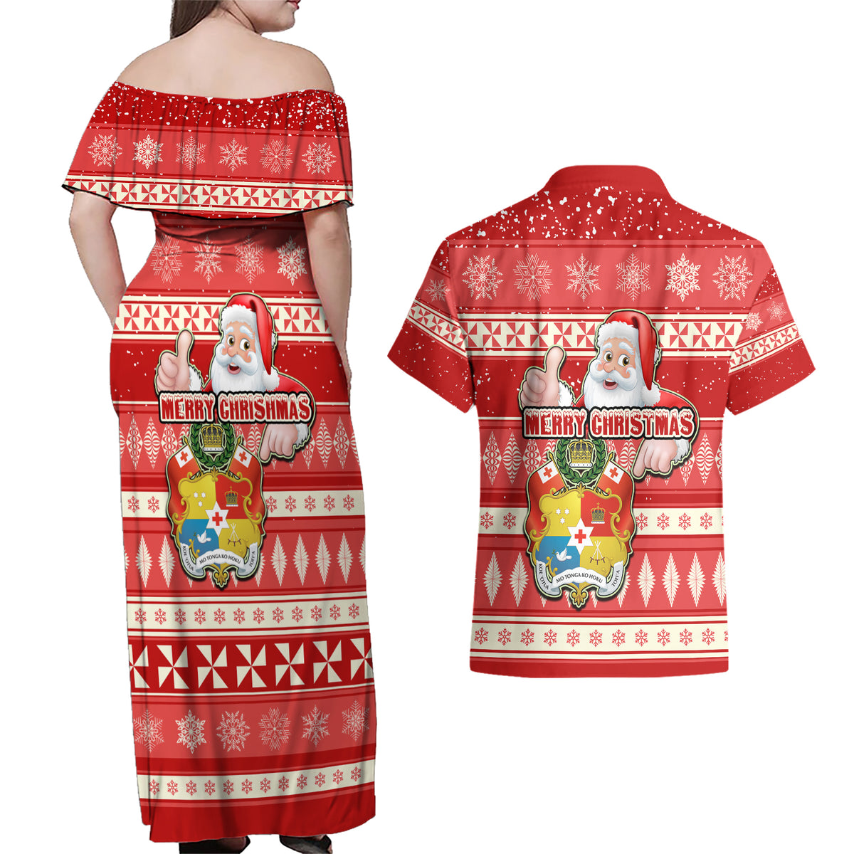 Tonga Christmas Couples Matching Off Shoulder Maxi Dress and Hawaiian Shirt The Santa Coat of Arms with Ngatu and Snow Pattern LT03 - Polynesian Pride