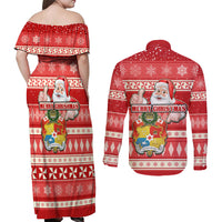 Tonga Christmas Couples Matching Off Shoulder Maxi Dress and Long Sleeve Button Shirts The Santa Coat of Arms with Ngatu and Snow Pattern LT03 - Polynesian Pride