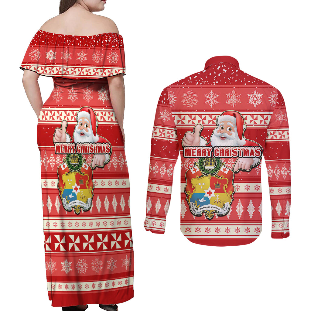 Tonga Christmas Couples Matching Off Shoulder Maxi Dress and Long Sleeve Button Shirts The Santa Coat of Arms with Ngatu and Snow Pattern LT03 - Polynesian Pride