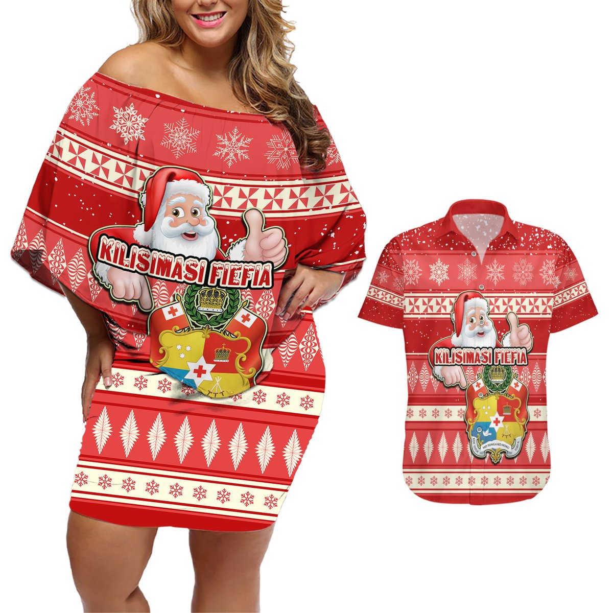 Tonga Christmas Couples Matching Off Shoulder Short Dress and Hawaiian Shirt The Santa Coat of Arms with Ngatu and Snow Pattern LT03 Red - Polynesian Pride