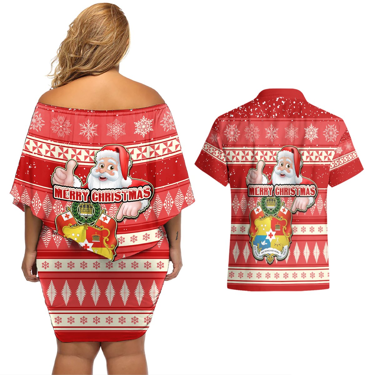 Tonga Christmas Couples Matching Off Shoulder Short Dress and Hawaiian Shirt The Santa Coat of Arms with Ngatu and Snow Pattern LT03 - Polynesian Pride