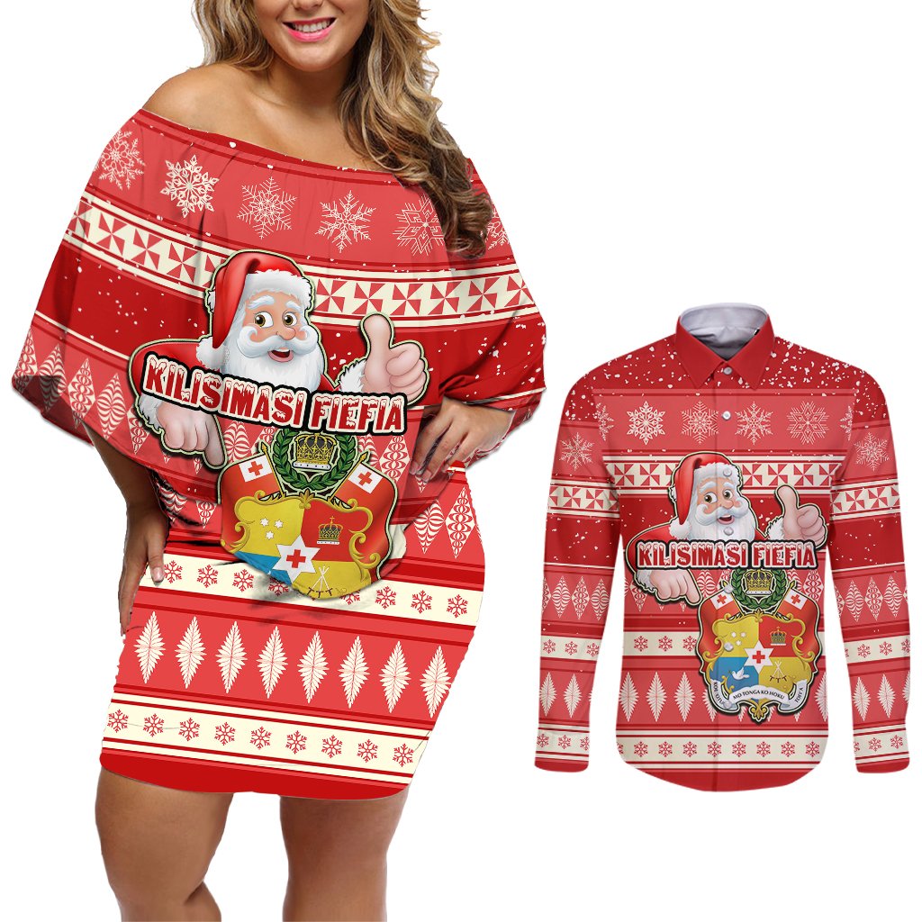 Tonga Christmas Couples Matching Off Shoulder Short Dress and Long Sleeve Button Shirts The Santa Coat of Arms with Ngatu and Snow Pattern LT03 Red - Polynesian Pride