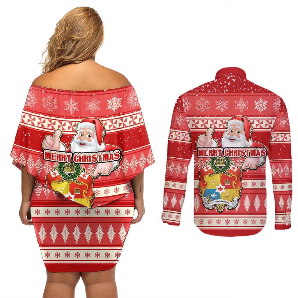 Tonga Christmas Couples Matching Off Shoulder Short Dress and Long Sleeve Button Shirts The Santa Coat of Arms with Ngatu and Snow Pattern LT03 - Polynesian Pride