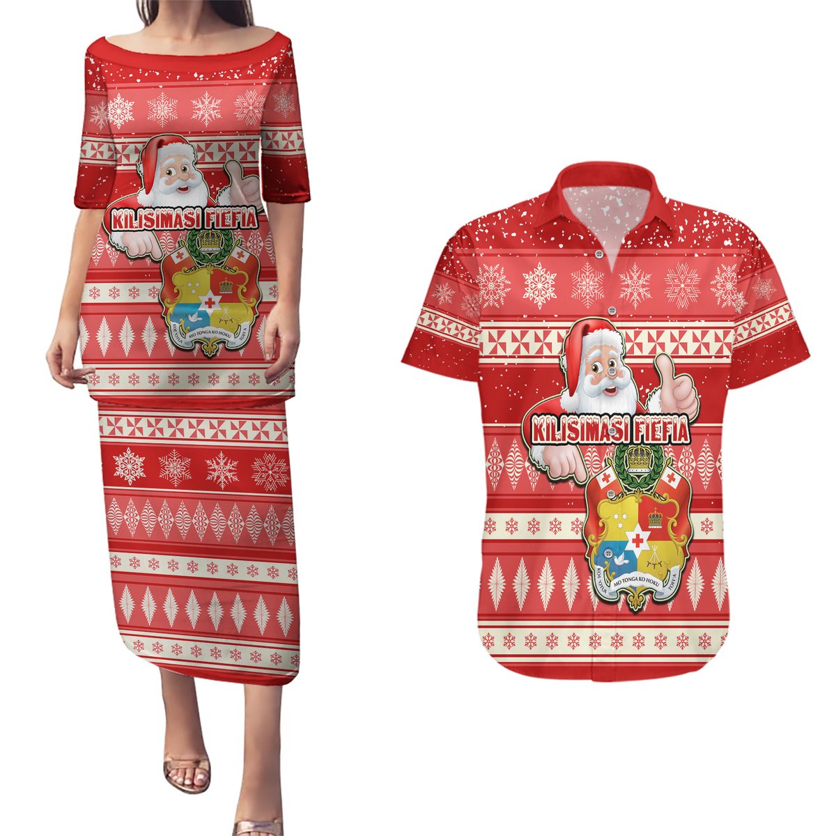 Tonga Christmas Couples Matching Puletasi Dress and Hawaiian Shirt The Santa Coat of Arms with Ngatu and Snow Pattern LT03 Red - Polynesian Pride