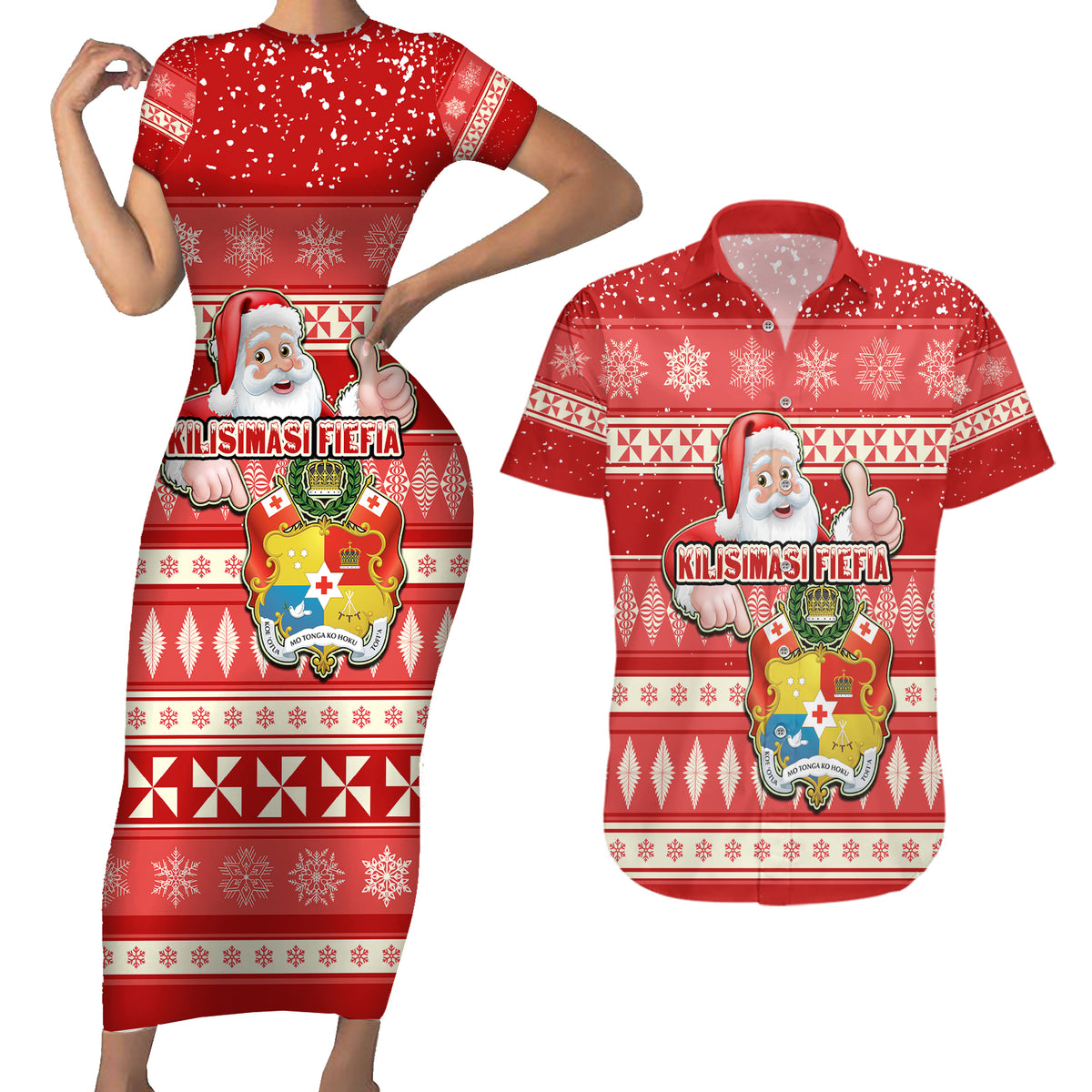 Tonga Christmas Couples Matching Short Sleeve Bodycon Dress and Hawaiian Shirt The Santa Coat of Arms with Ngatu and Snow Pattern LT03 Red - Polynesian Pride