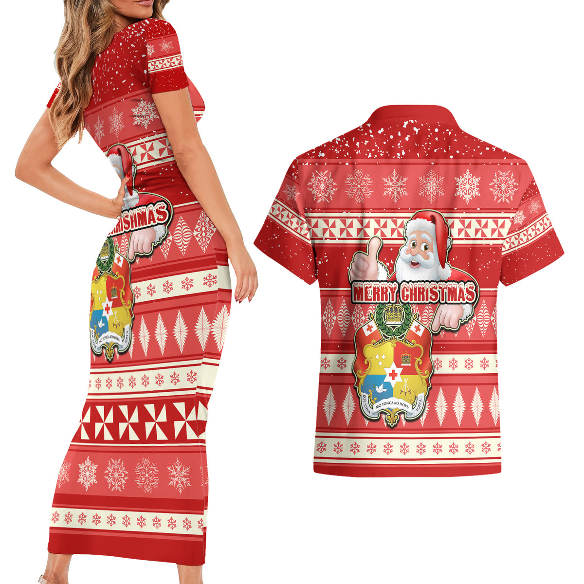 Tonga Christmas Couples Matching Short Sleeve Bodycon Dress and Hawaiian Shirt The Santa Coat of Arms with Ngatu and Snow Pattern LT03 - Polynesian Pride