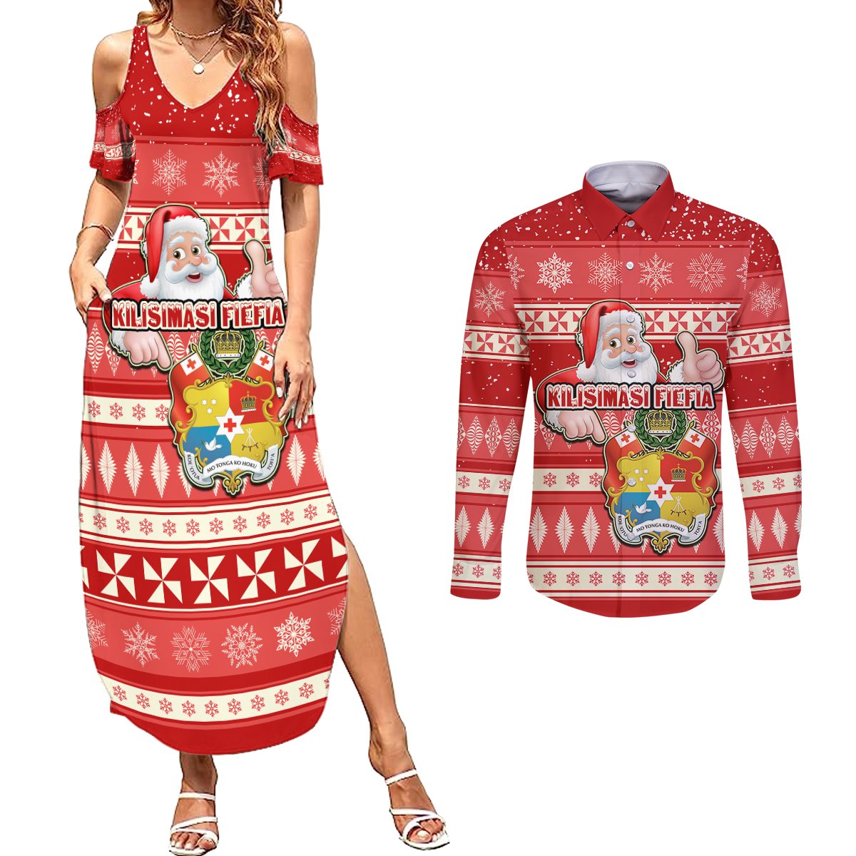 Tonga Christmas Couples Matching Summer Maxi Dress and Long Sleeve Button Shirts The Santa Coat of Arms with Ngatu and Snow Pattern LT03 Red - Polynesian Pride