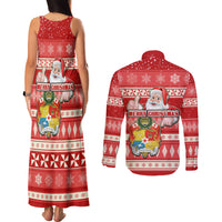 Tonga Christmas Couples Matching Tank Maxi Dress and Long Sleeve Button Shirts The Santa Coat of Arms with Ngatu and Snow Pattern LT03 - Polynesian Pride