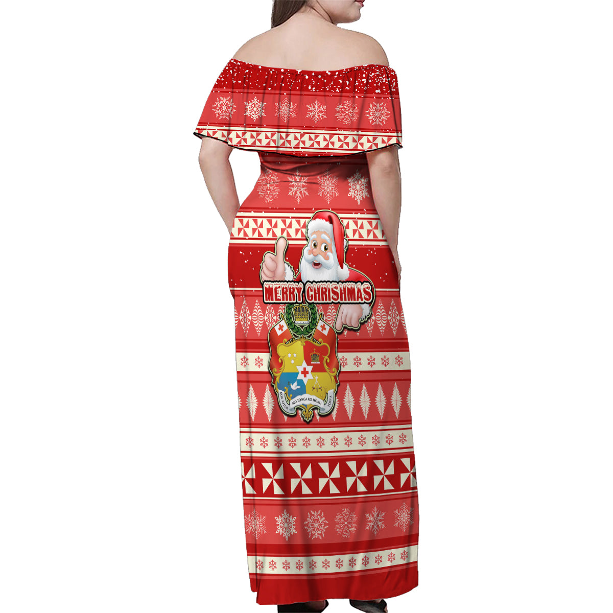 Tonga Christmas Family Matching Off Shoulder Maxi Dress and Hawaiian Shirt The Santa Coat of Arms with Ngatu and Snow Pattern LT03 - Polynesian Pride