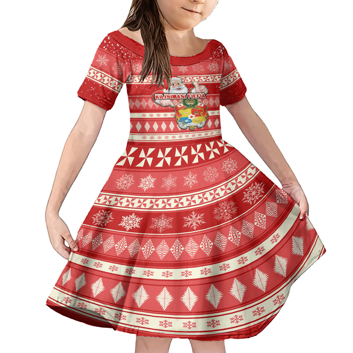 Tonga Christmas Kid Short Sleeve Dress The Santa Coat of Arms with Ngatu and Snow Pattern LT03 KID Red - Polynesian Pride