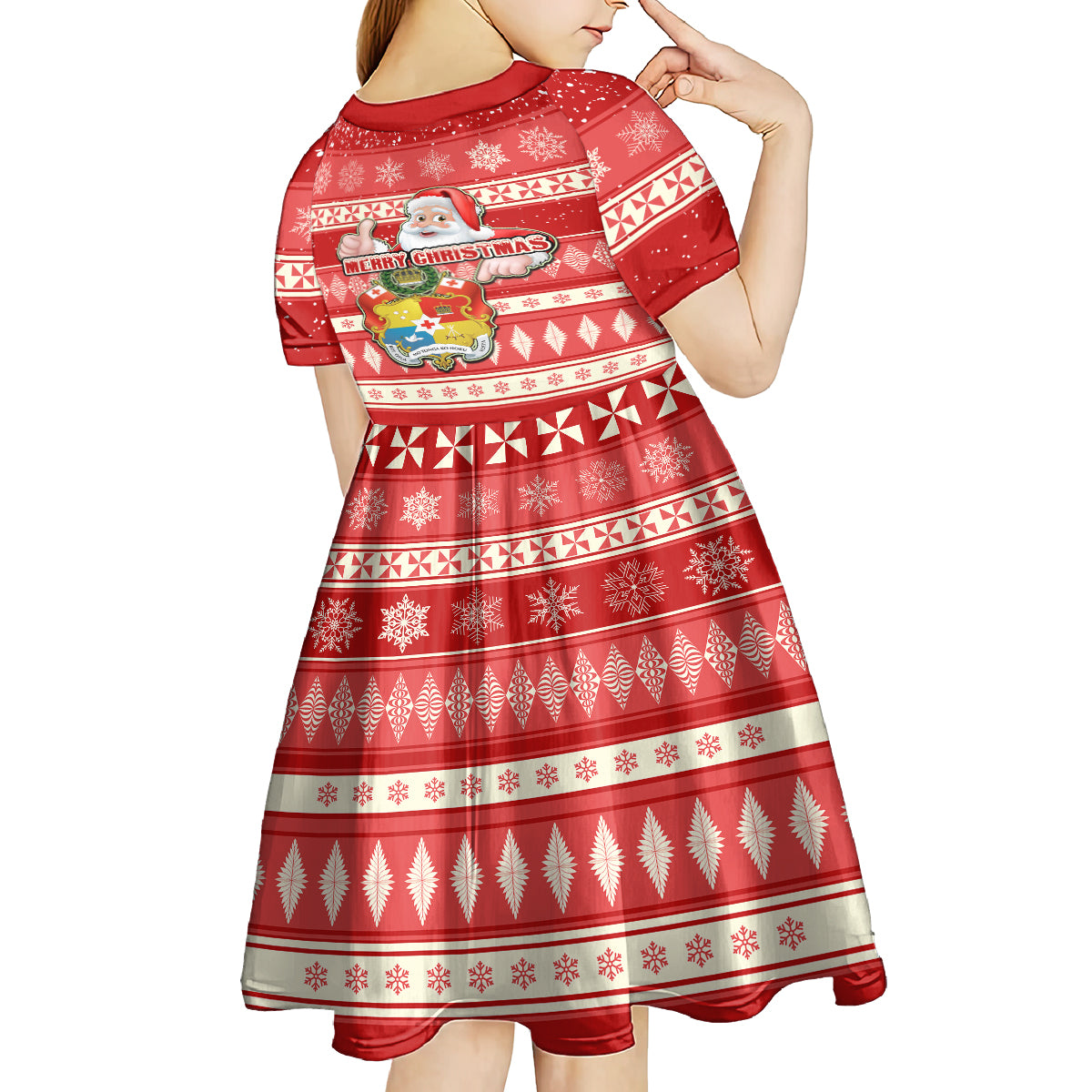 Tonga Christmas Kid Short Sleeve Dress The Santa Coat of Arms with Ngatu and Snow Pattern LT03 - Polynesian Pride