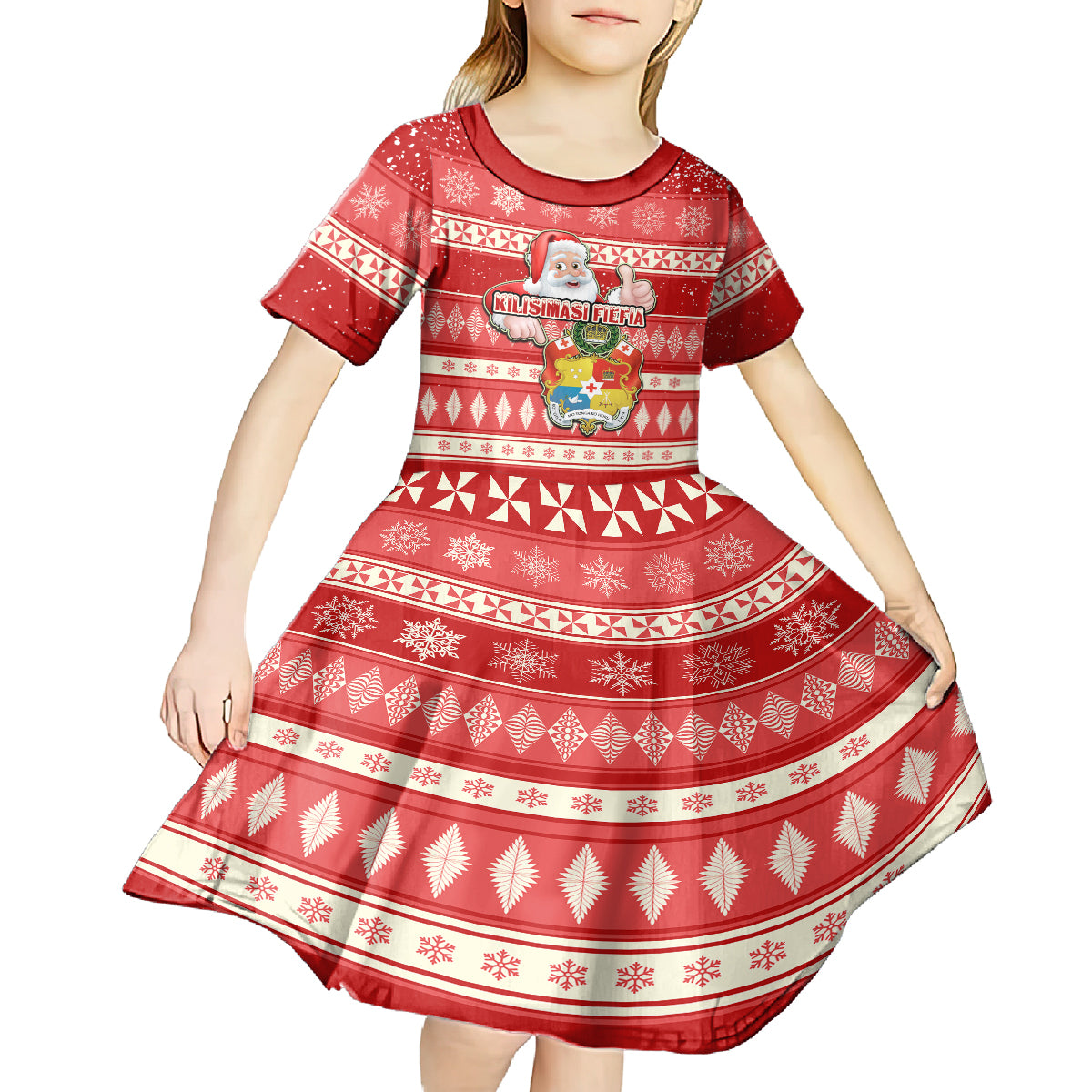 Tonga Christmas Kid Short Sleeve Dress The Santa Coat of Arms with Ngatu and Snow Pattern LT03 - Polynesian Pride