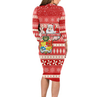 Tonga Christmas Long Sleeve Bodycon Dress The Santa Coat of Arms with Ngatu and Snow Pattern LT03 - Polynesian Pride