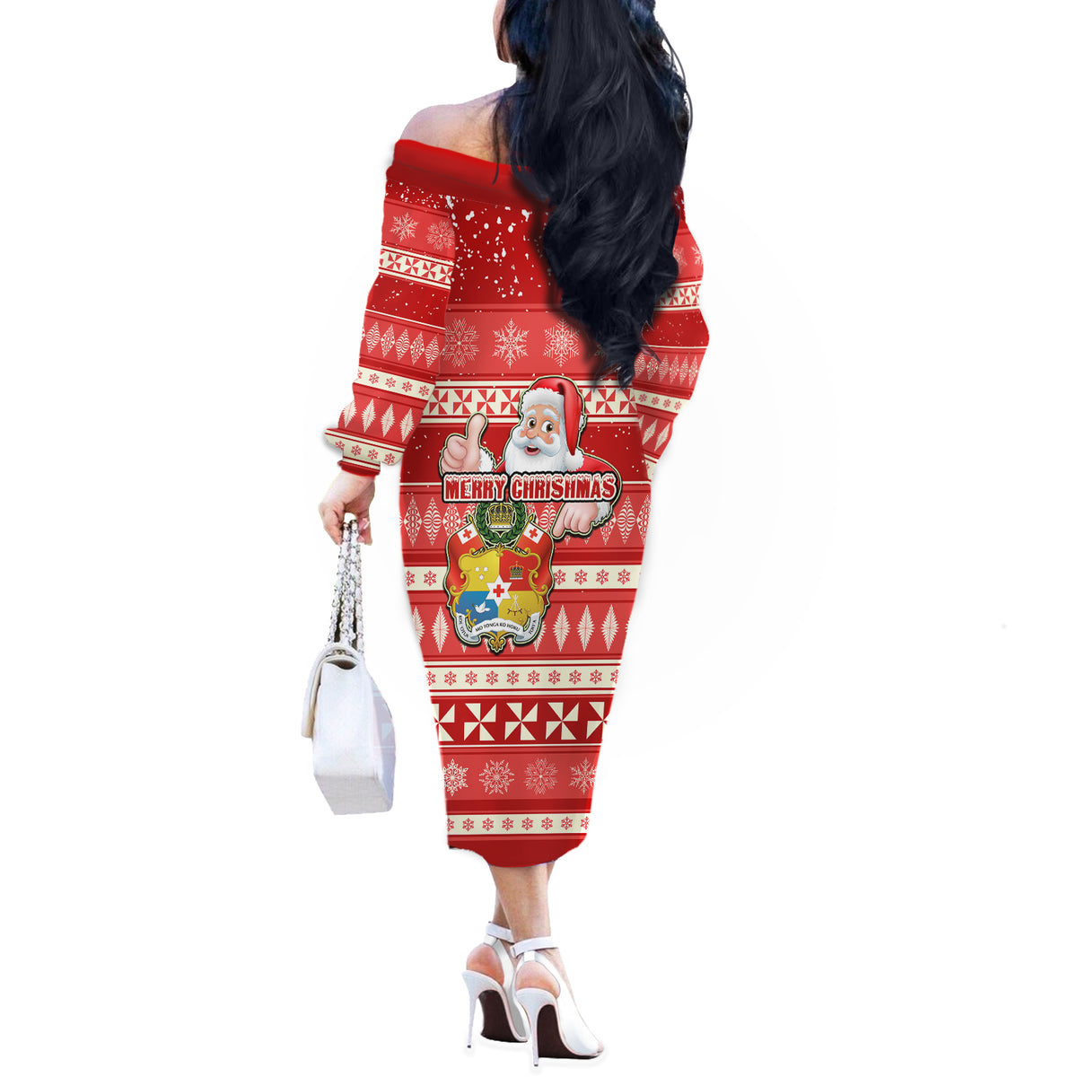 Tonga Christmas Off The Shoulder Long Sleeve Dress The Santa Coat of Arms with Ngatu and Snow Pattern LT03 - Polynesian Pride